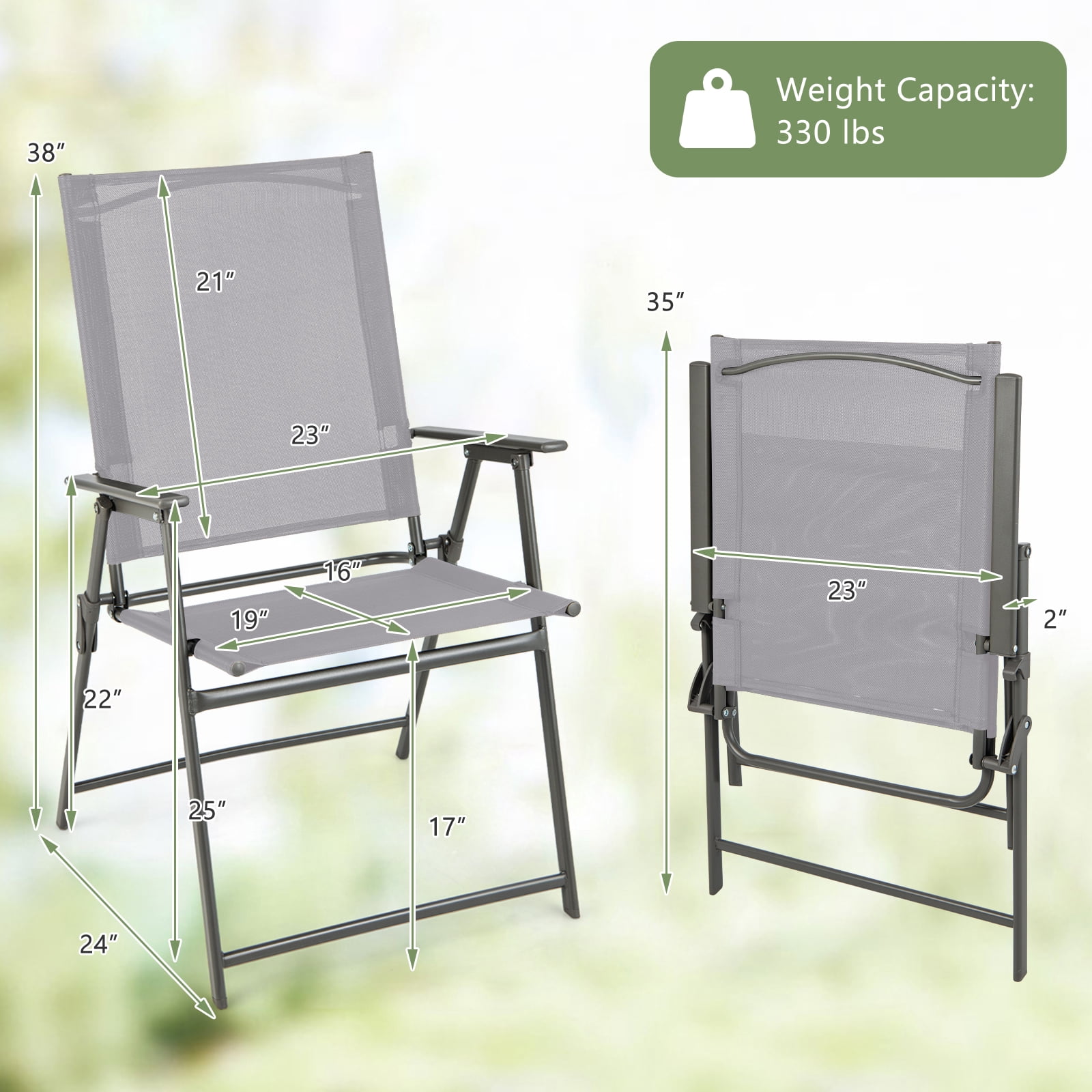 Gymax 2PCS Folding Portable Dining Chairs Metal Frame Armrests Outdoor Patio Grey