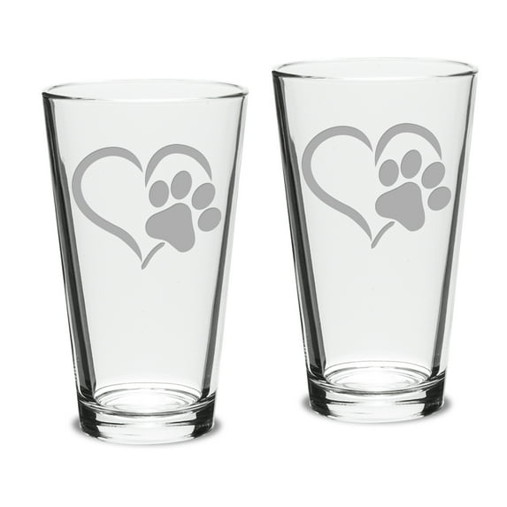 Paw Print Heart Deep Etched Classic Pub Pint Glass Set of 2