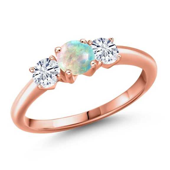 Gem Stone King 18K Rose Gold Plated Silver Simulated White Opal and White Moissanite Engagement Ring for Women | 0.96 Cttw | Round Cabochon 5MM | Gemstone October Birthstone | Size 6