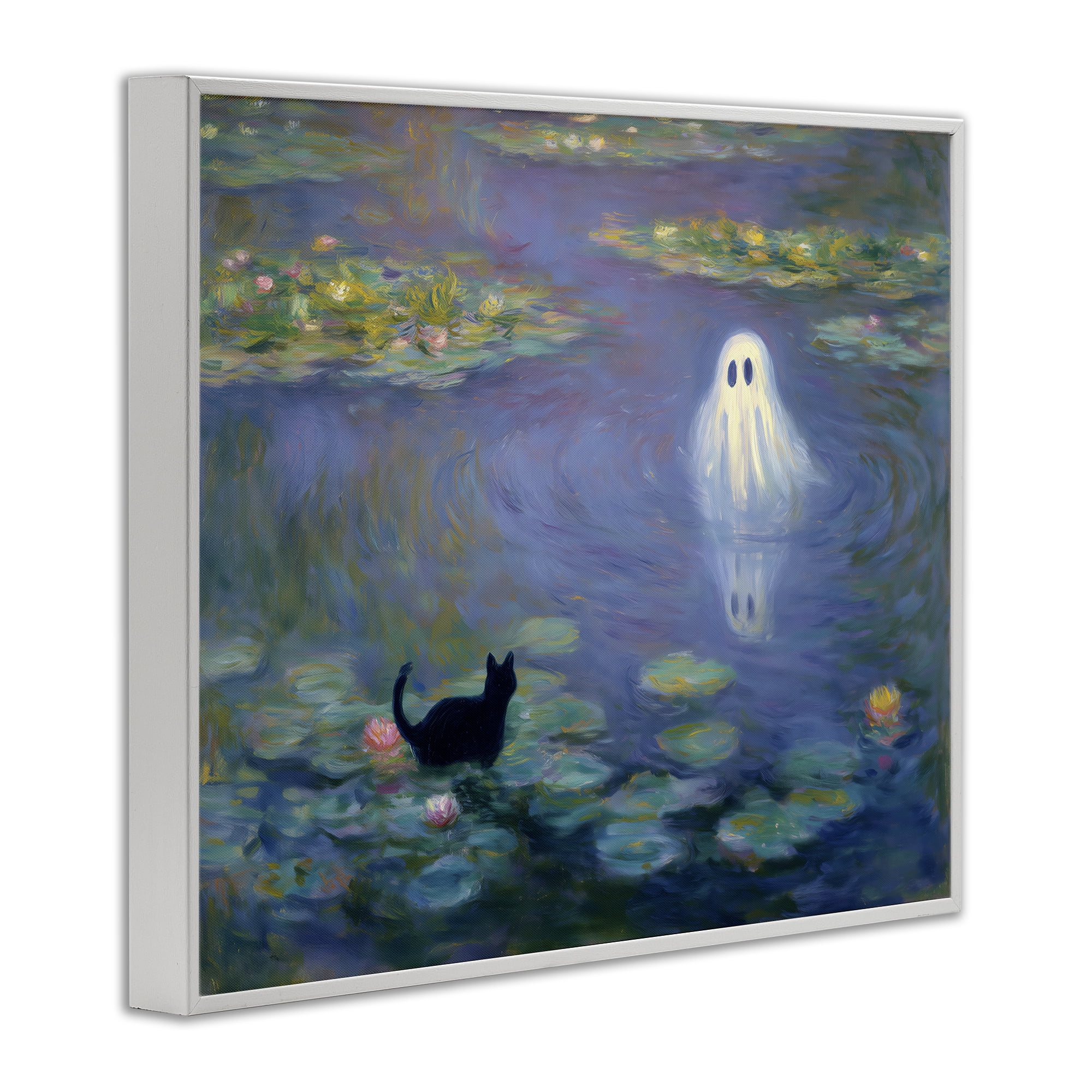 Water Lilies with Ghost & Kitty White Framed Giclee Art, design by Arlington Prints