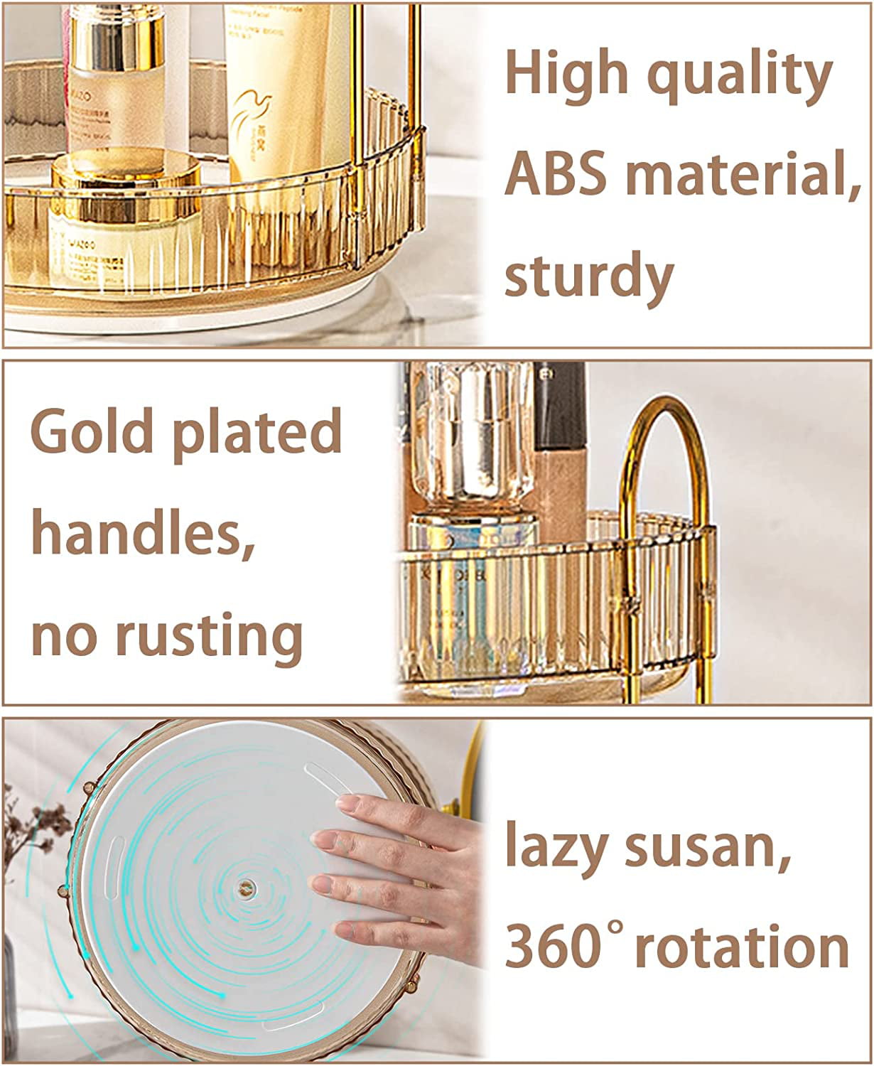 Rotating Makeup Organizer for Vanity 3 Tier, High-Capacity Skincare Clear  Make Up Storage Perfume Organizers Cosmetic Dresser Organizer Countertop  360 Spinning （Gold） 
