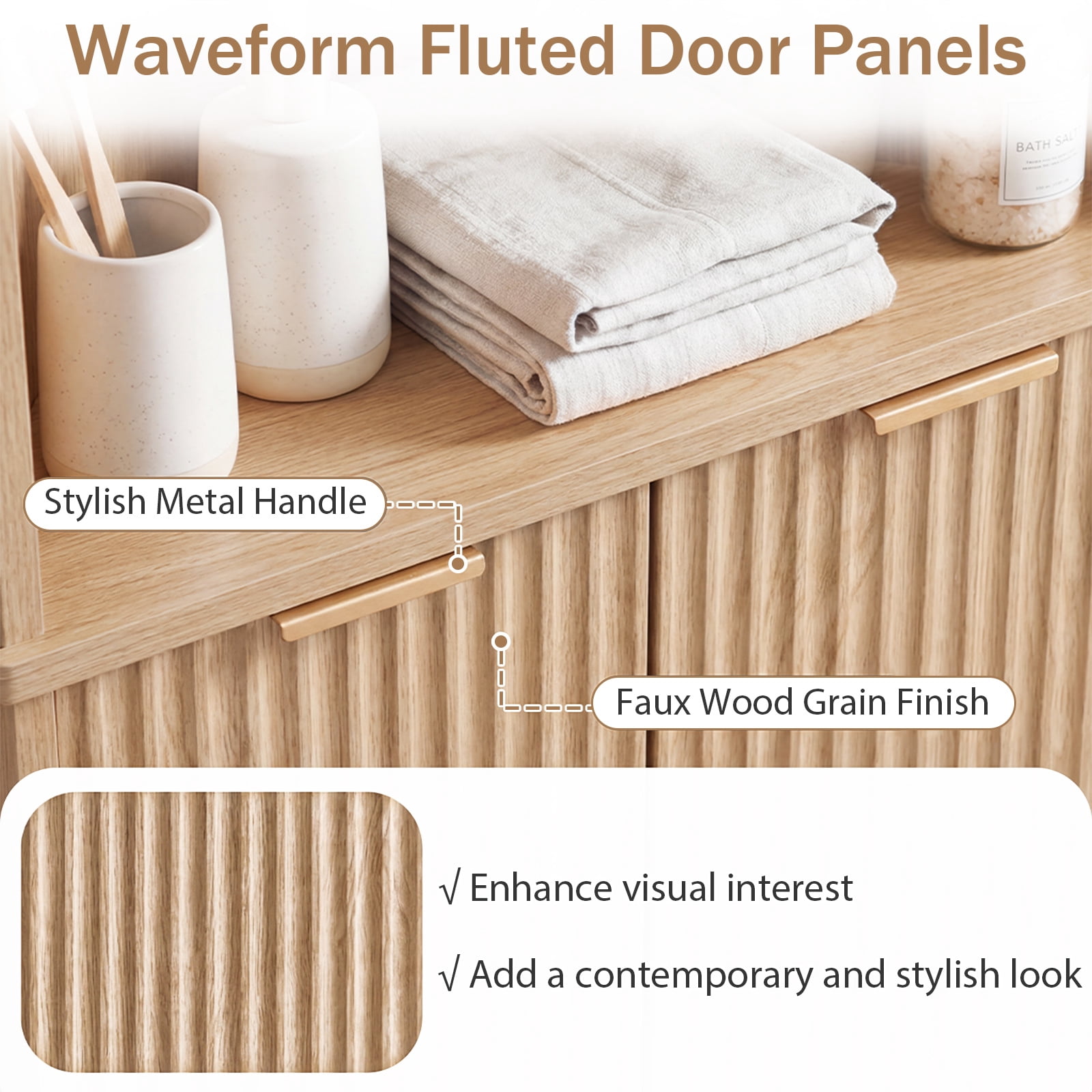 Costway 68" Tall Corner Bathroom Cabinet with Fluted Doors, 6-Tier Space Saver Bathroom Storage Cabinet Oak