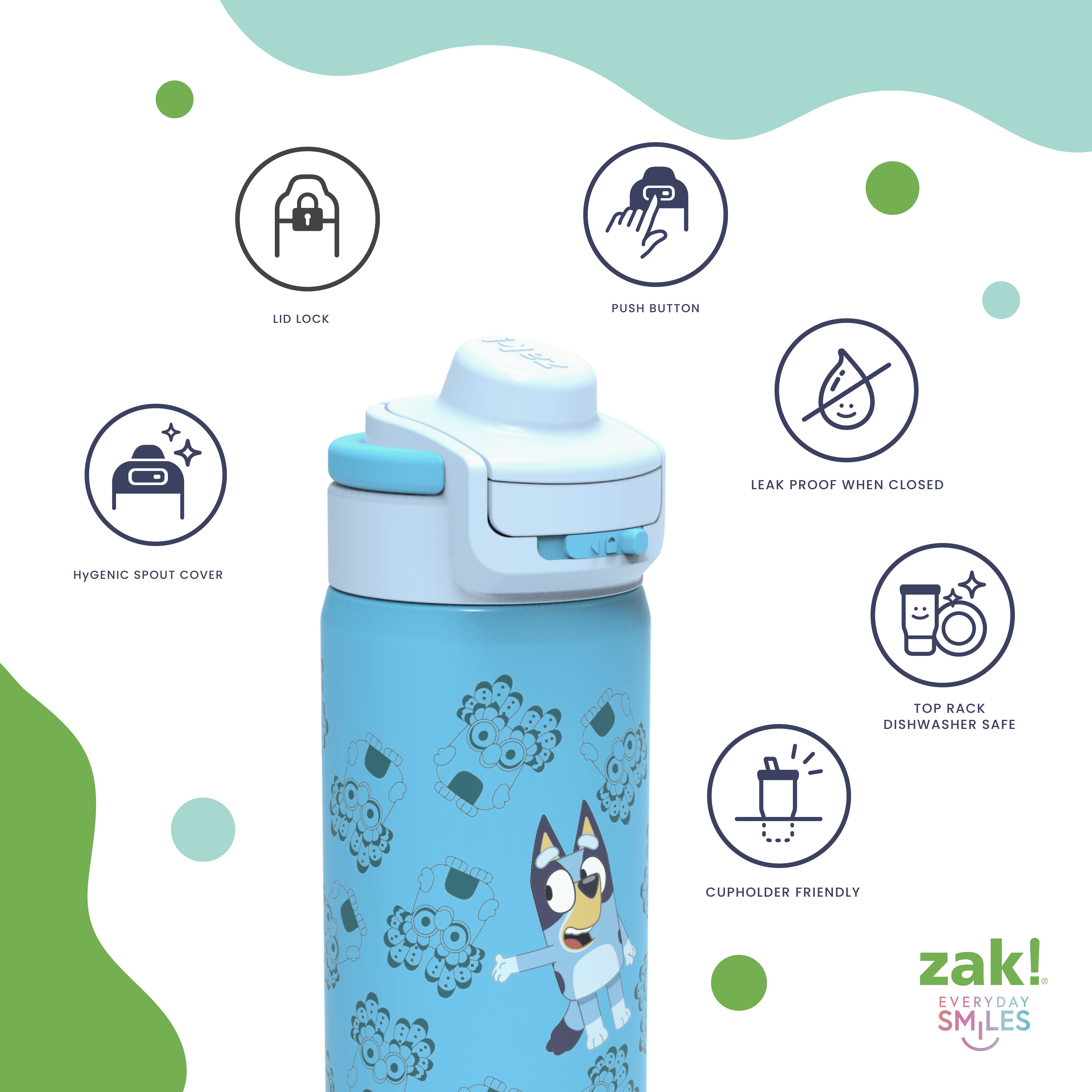 Zak Designs 14oz Bluey Kids Straw Water Bottle, Stainless Steel Vacuum Insulated Lincoln Bottle with Easy-Open Locking Spout Cover for Travel, Built in Carry Handle