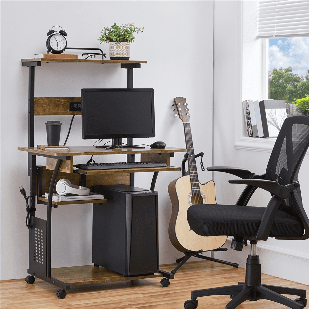 Yaheetech 3 Tiers Computer Desk with Charging Station for Home Office,Rustic Brown