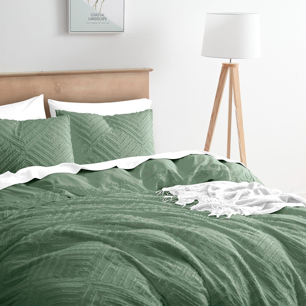 Nestl Boho 3 Piece Duvet Cover Set, Tufted Embroidery Double Brushed Duvet Cover with Button Closure with 2 Pillow Shams, Twin (68"x90") - Green