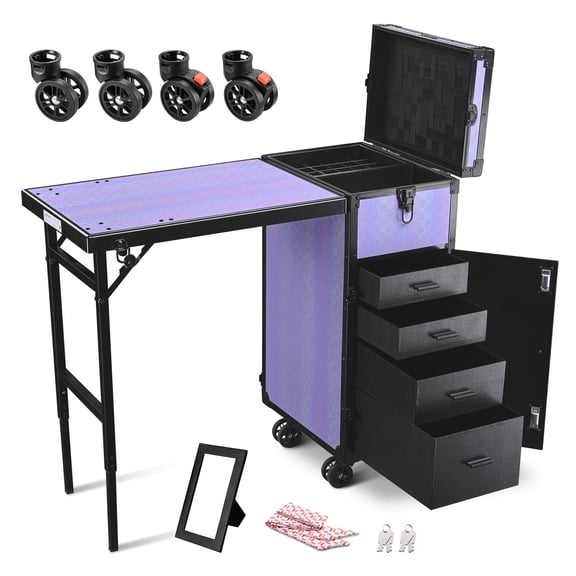 Byootique Rolling Makeup Train Case Nail Table w/ 4pcs Replacement Wheels Purple