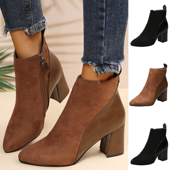 Woman Cowboy Boots Cameland Women's High-Heels Ankle Boots Short Boots Zipper Casual Shoes Brown