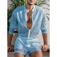 thumbnail image 3 of xiaxaixu Men's Summer 2 Piece Outfits Long Sleeve Hollow Out Button Down Shirt + Shorts Set Tropical Suits, 3 of 6