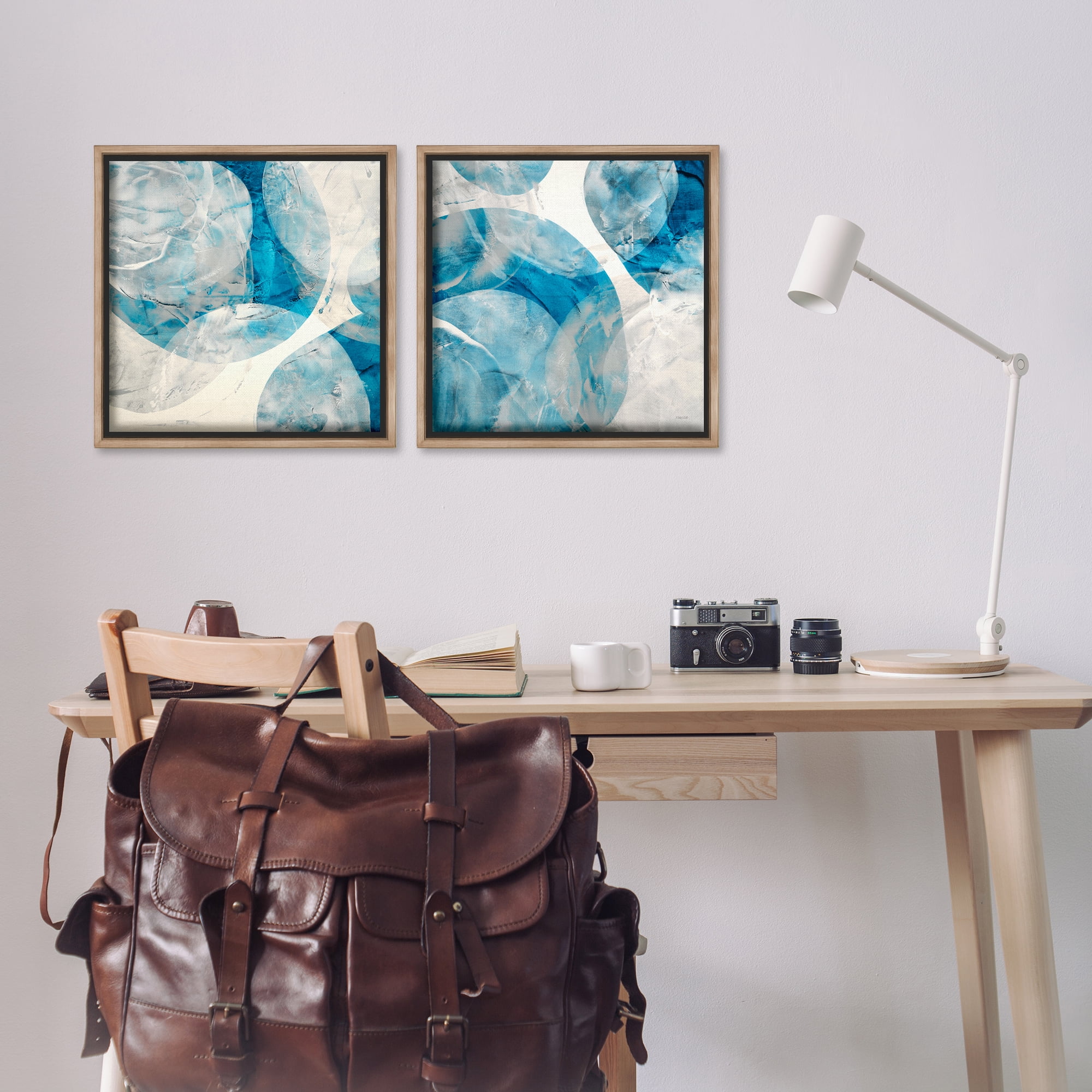 Stupell Industries Abstract Teal Cream Circles Abstract Painting Brown Floater Framed Canvas Art Print Wall Art, 18 x 18, Set of 2