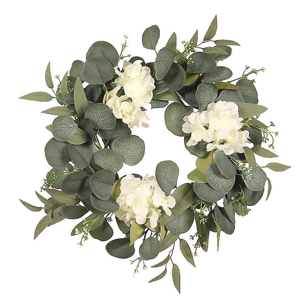 Corona de hortensias artificiales de eucalipto, Compatible con puerta delantera, pared, ventana, decoración del hogar de granja