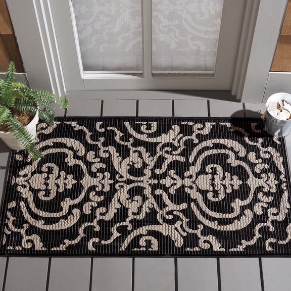 Safavieh Courtyard Dara Damask Indoor/Outdoor Area Rug, Black/Sand, 2'7" x 5'