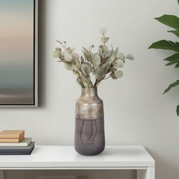 Modern Glam Glass Vase - Handcrafted Decorative Tall Glass Flower Vase for Home, Office, Bedroom & Living Room - Elegant Finish - 15" Gray & Silver