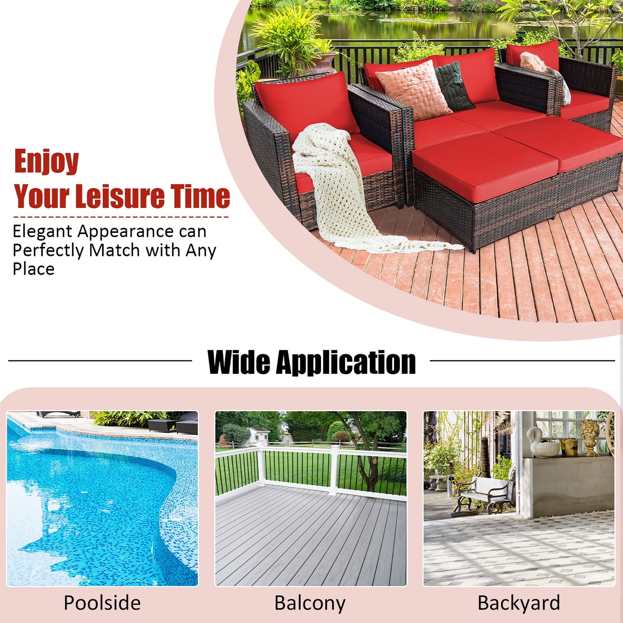 Costway 5PCS Patio Rattan Furniture Set Loveseat Sofa Ottoman Cushioned Red