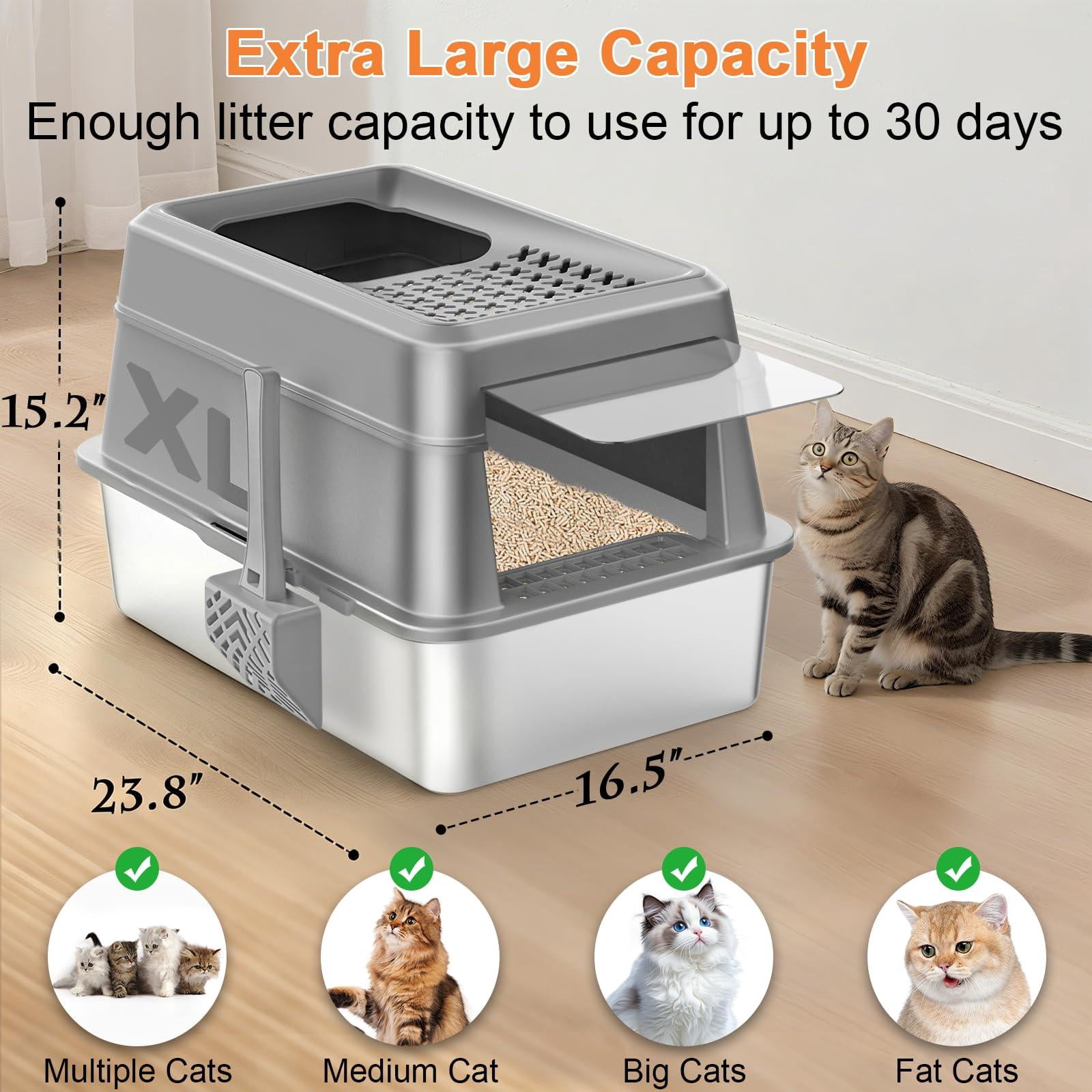 Stainless Steel Cat Litter Box With Lid Extra Large Enclosed Non-sticky Metal Pan High Sided & Scoop  Odor Free Front Top Entry Anti-leakage Easy Cleaning