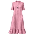 thumbnail image 5 of Husipze Womens Summer Cotton Linen Midi Dress Elbow Length Sleeve Button Front V Neck Casual Loose Dress with Pockets Pink M, 5 of 8