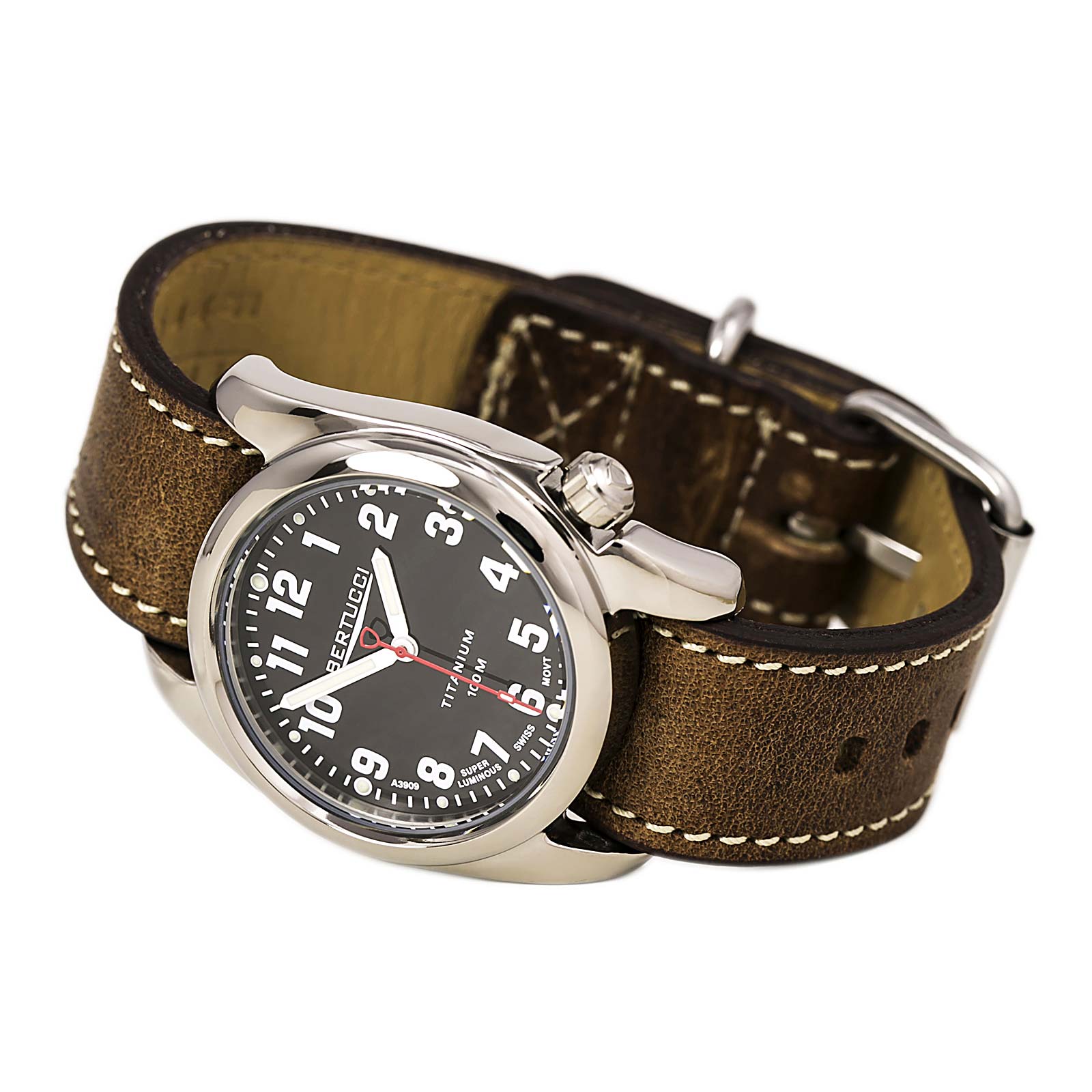 Mens A-2T High Polish Analog Titanium Watch - Brown Leather Strap 