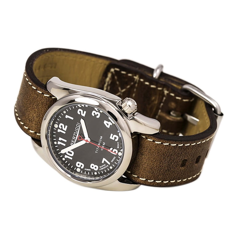 Mens A-2T High Polish Analog Titanium Watch - Brown Leather Strap 