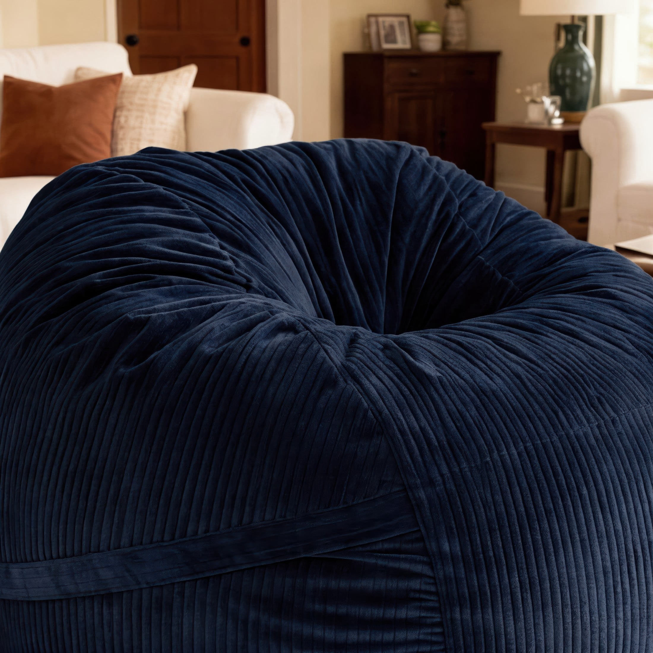 Luna 5 Foot X-Large Bean Bag Chair – Oversized Foam Lounger for Adults & Kids, Plush Corded Faux Fur, Navy Blue