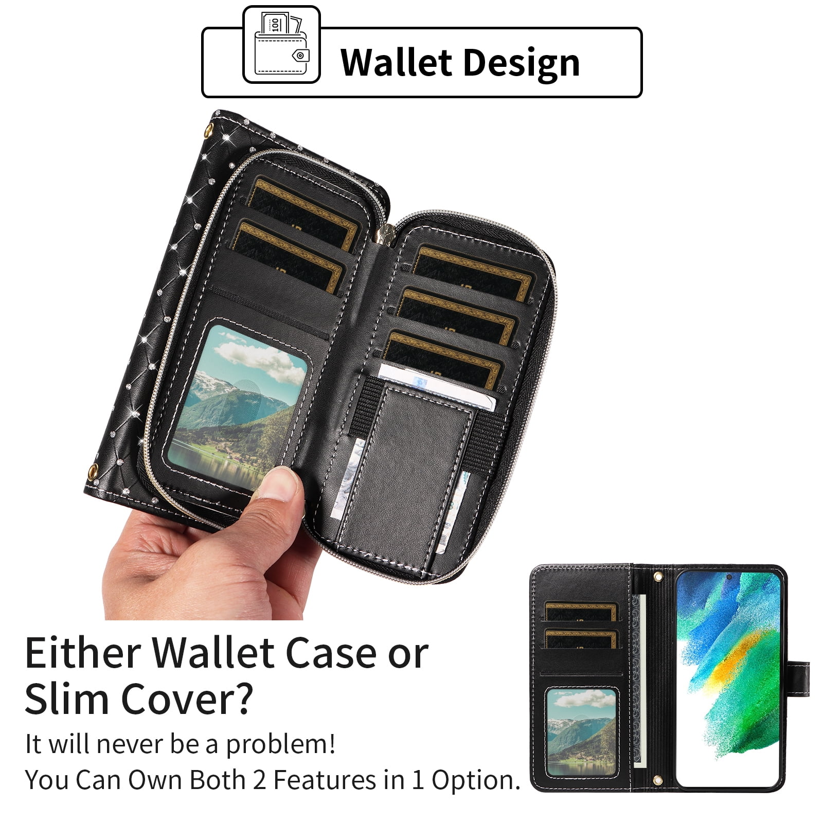 Asuwish Wallet Phone Case for Samsung Galaxy S21 FE 5G Tempered Glass Screen Protector Bling Glitter Crossbody Lanyard Strap Flip Zipper Purse Card Holder Cell Cover S 21 EF S21FE UW S21FE 21S Black