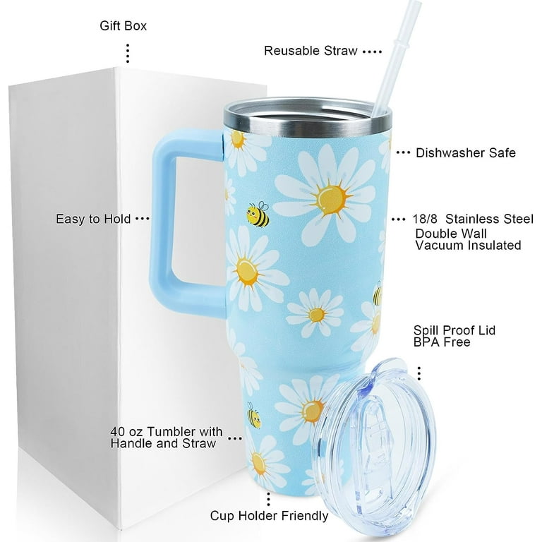 40 oz Daisy Tumbler with Handle and Straw Lid Leak Proof, Daisy Coffee  Travel Mug with Handle Insulated for Hot and Cold Drink Ice, Birthday Gifts  for Women Mom Girl Friend Wife 