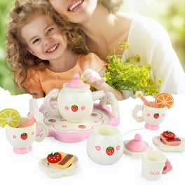 PairPear Wooden Tea Set For Little Girls, Wooden Toys Toddler Tea Set Play Kitchen Accessories For Kids Tea Party With Play Food