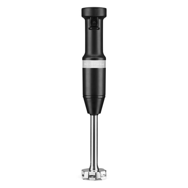 KitchenAid black variable speed corded hand blender featuring a stainless steel blending shaft and ergonomic handle.