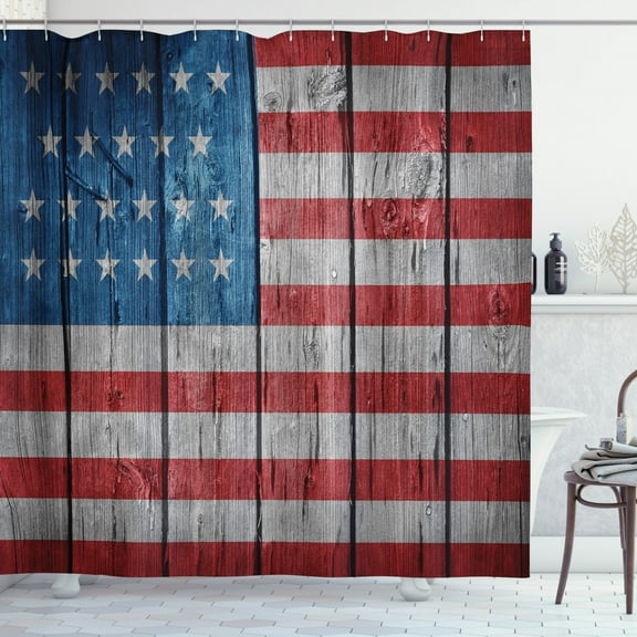 Rustic Decor American Usa Flag Shower Curtain Set, Fourth Of July Independence Day Retro Wooden Looking Democracy Symbol Worn Style, Bathroom Accessories, 69W X 70L Inches, By Ambesonne