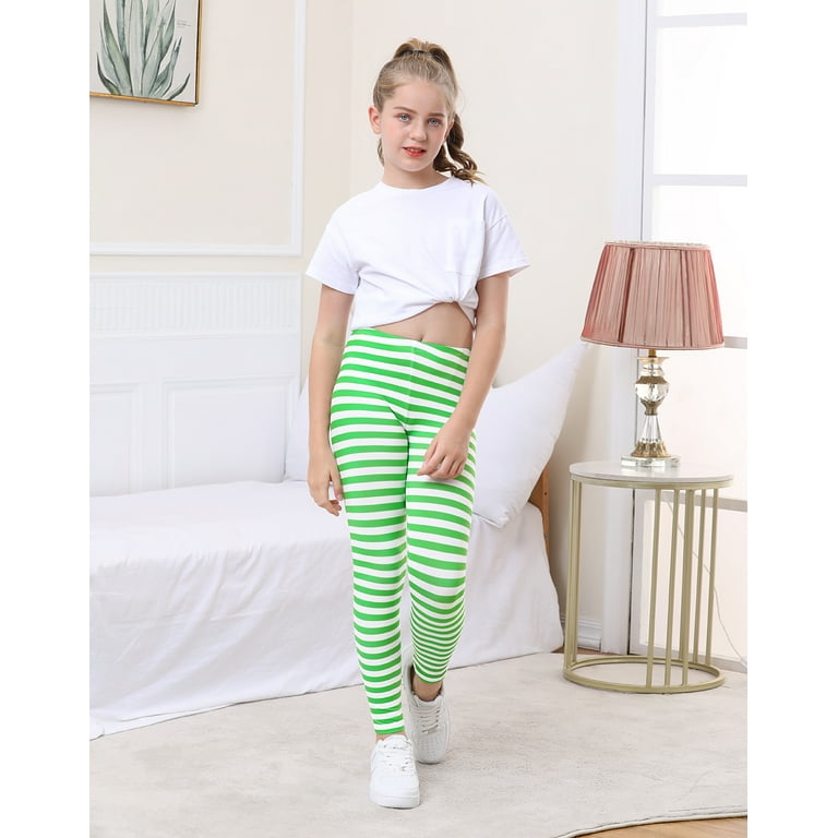HDE Girl's Leggings Holiday Stretchy Full Ankle Length Striped Tights Green  and White Stripes L