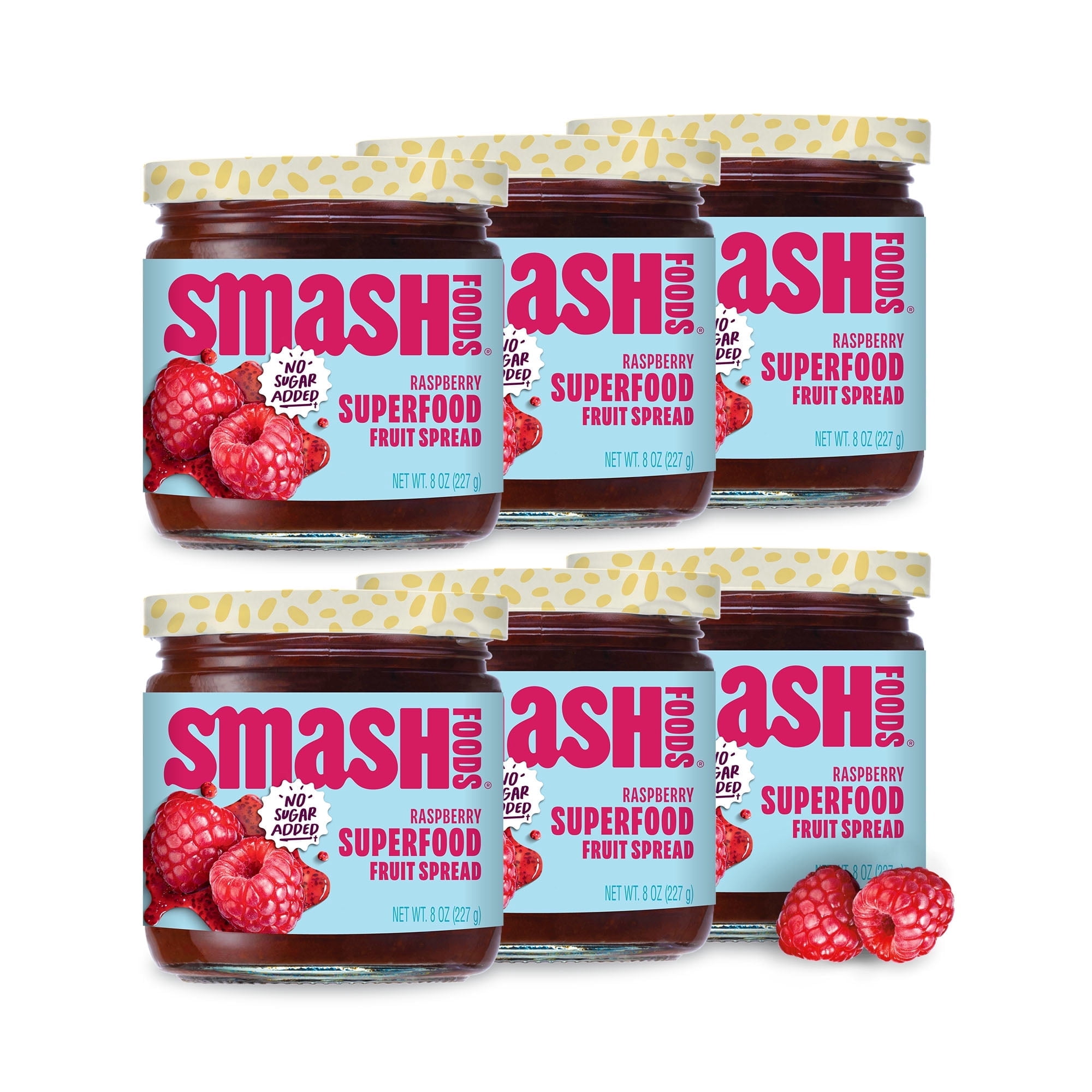 Smash Foods Raspberry Jam, No Sugar Added, Low-Calorie, Vegan (6 Jars)