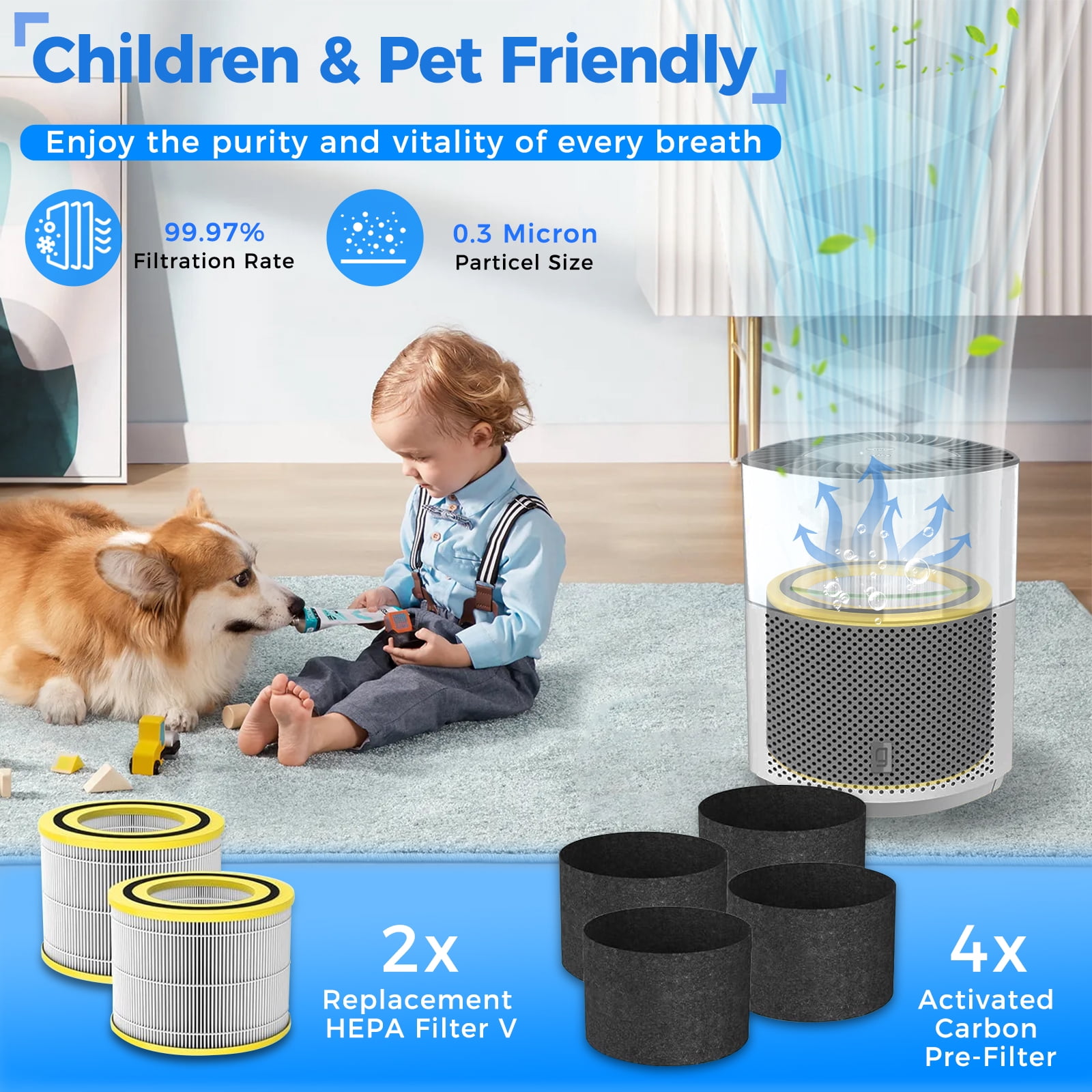 Veyozen 2-Pack FLT151 HEPA Filter V Replacement for Airsafe AC3000W Air Purifier,Compatible with AC3000B AP3151W AC3050 AP3151 AC151 Series,Includes 2 True HEPA + 4 Pre-Filters