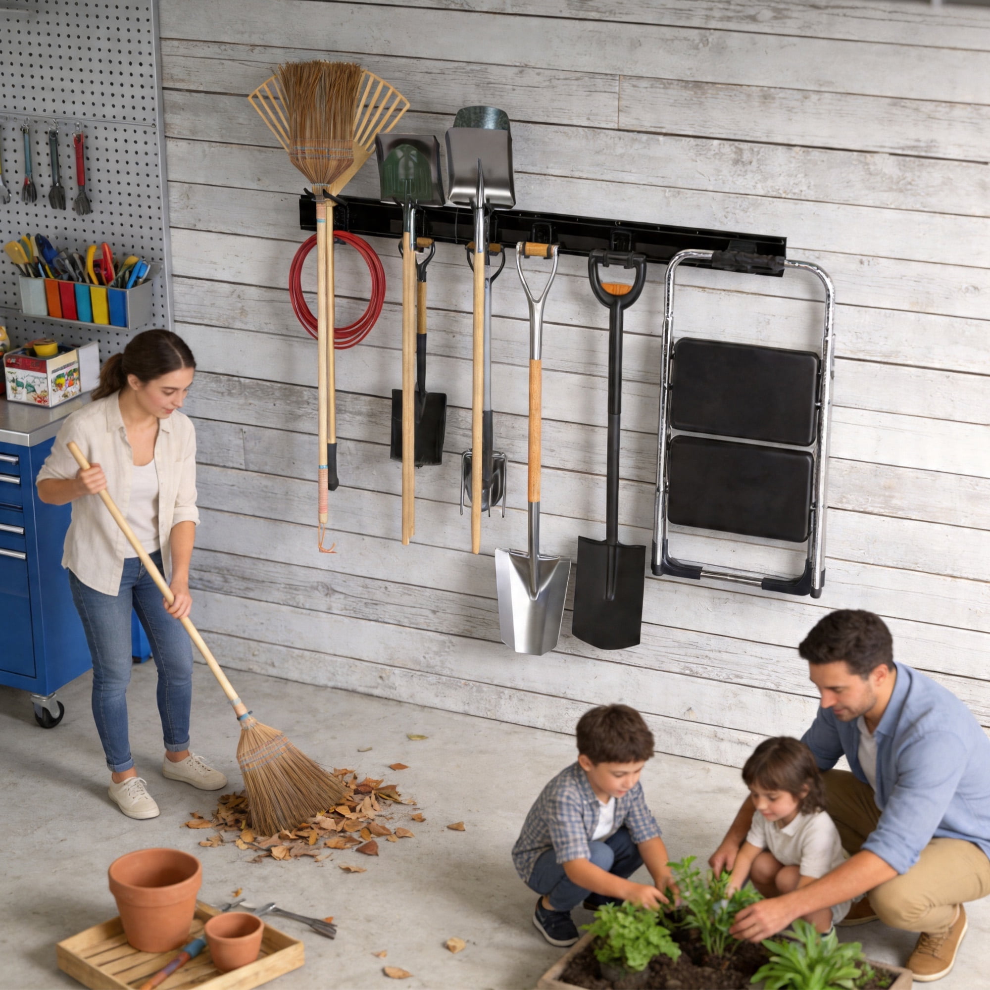 Garage Tool Organizer Wall Mount, 48" Garden Tool Organizer with 6 Adjustable Double-layer Hooks, Heavy Duty Metal Garage Storage Rack for Garden, Yard, and Shed