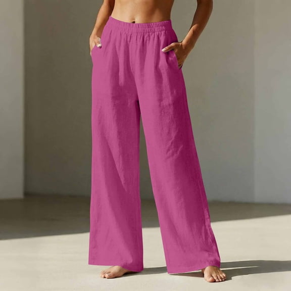 Linen Pants Women Wide Leg Elastic High Waisted Beach Flowy Pants Pull On Dressy Casual Baggy Cotton Linen Slacks Hot Pink M