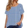 thumbnail image 5 of Women's Gingham Print Tops Crew Neck Short Sleeve Linen T-Shirt Breathable Summer Top for Going Out Vacation Blue XL, 5 of 6