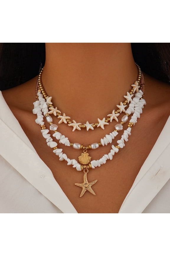 Shell Necklaces for Women Layered Gold Boho Beaded Seashell Choker Adjustable Pearl Starfish Necklace Beach Jewelry Hawaiian Summer Accessories for Women