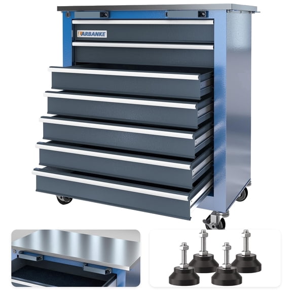 7-Drawer Rolling Tool Chest with Lockable Wheels, Keyed Lock & Drawer Liners, Modular Garage Tool Storage System