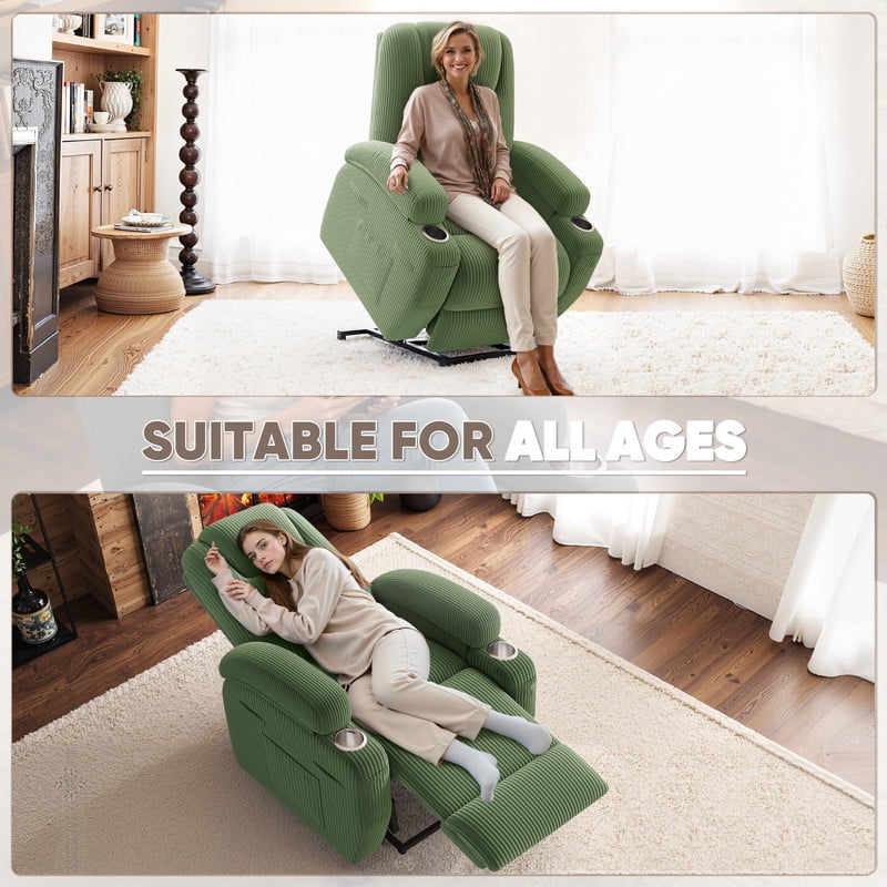 Homall Power Lift Recliner Chair with Massage for Living Room Recliner Chair for Elderly with Infinite Position Side Pocket and Saucer,Corduroy Green