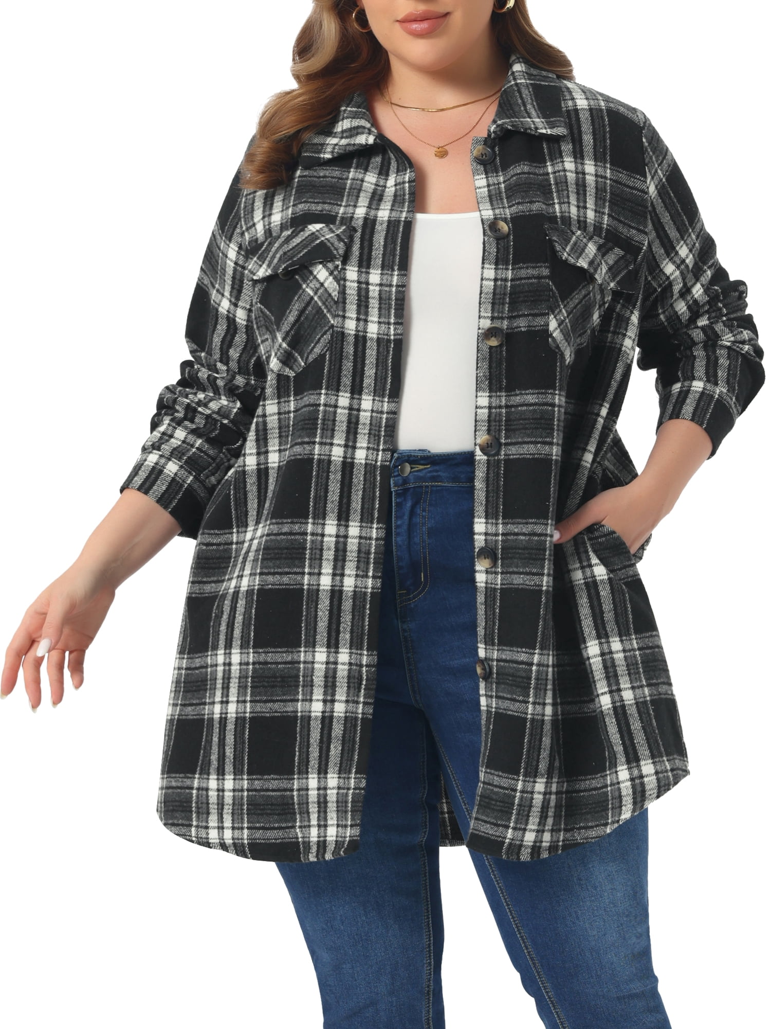 DARING DIVA Women's Plus Plaid Shacket Long Sleeve Flannel Fashion Jacket 3X Black