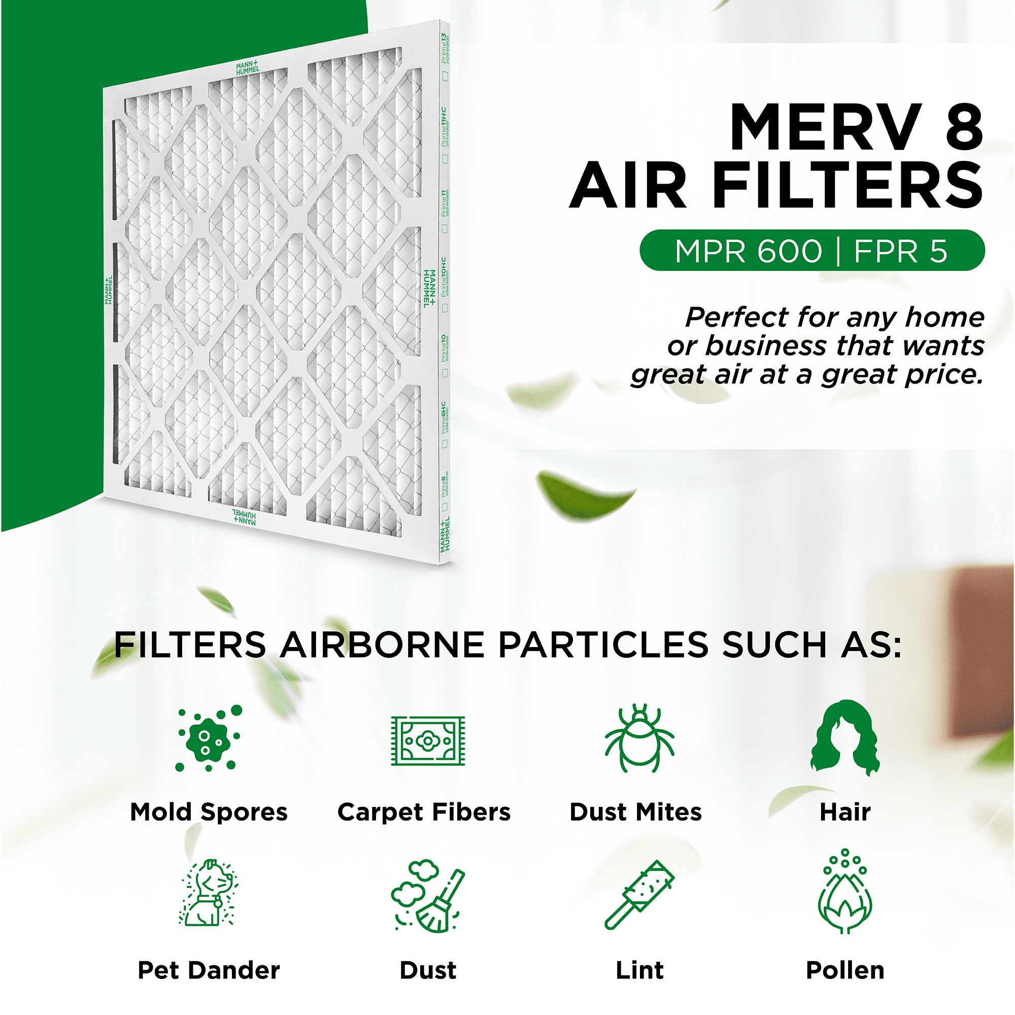 Mann+Hummel 20x20x1 MERV 8 Pleated HVAC AC Furnace Air Filters. Box of 8. (Exact Size: 19.5 x 19.5 x 0.75 Inches)