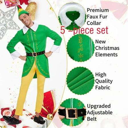 Buddy Costume The Elf for Men, Christmas Elf Costume, full holiday party set 5-piece set
