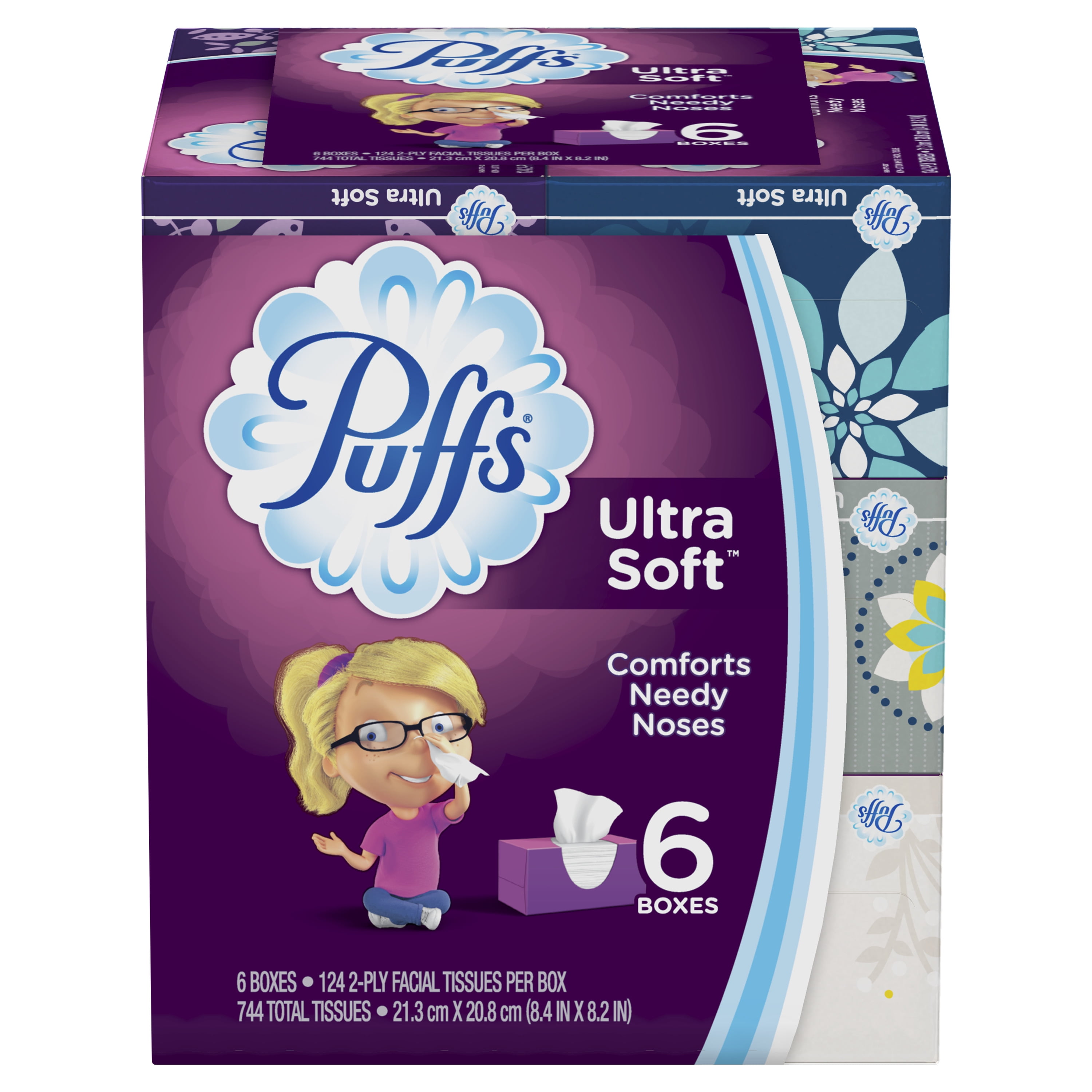 Puffs Ultra Soft Nonlotion Facial Tissues, 6 Family Boxes, 124 Tissues