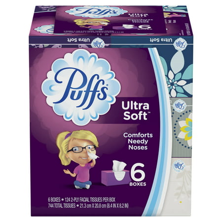 Puffs Ultra Soft Non-Lotion Facial Tissues, 6 Family Boxes, 124 Tissues per Box (744 Tissues