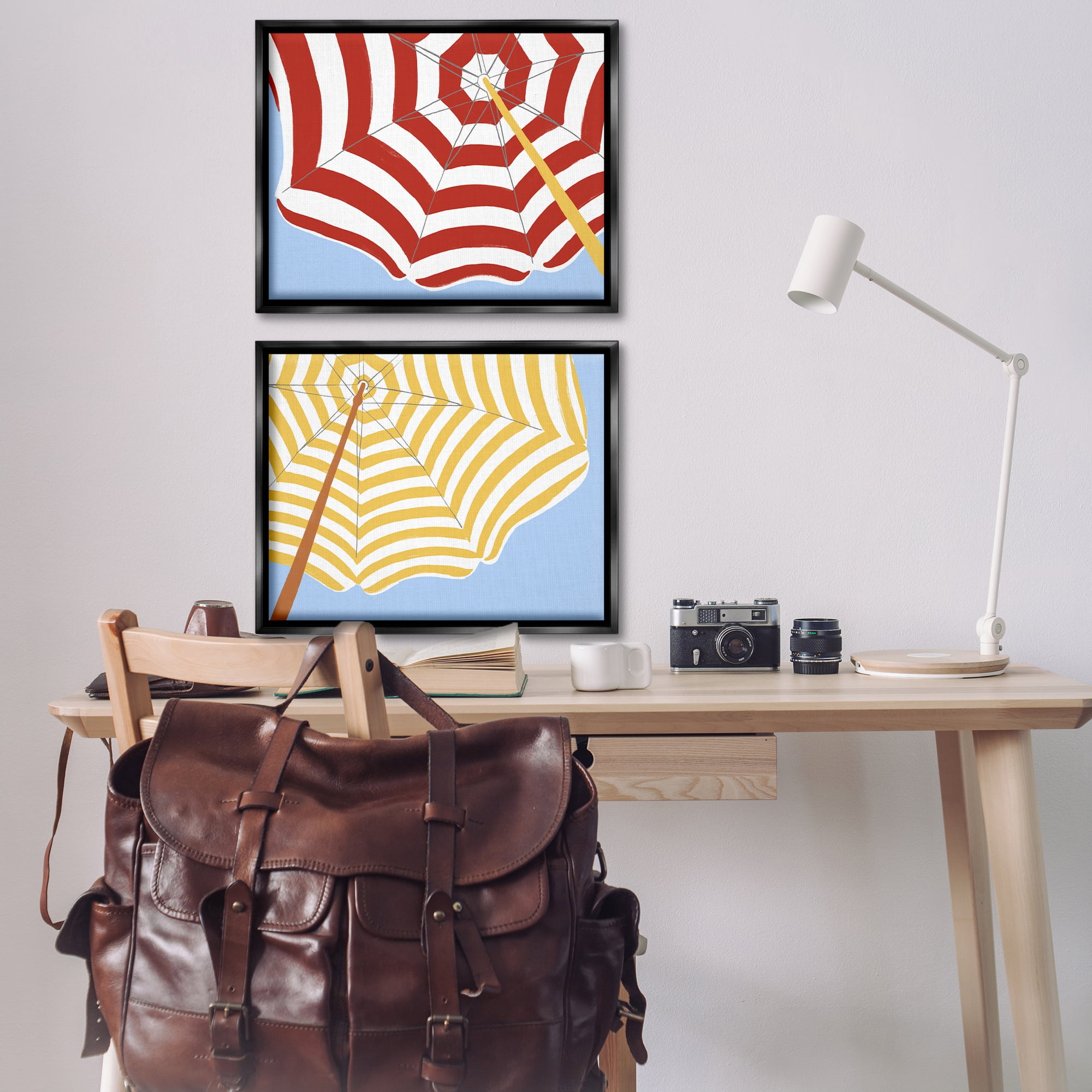 Stupell Industries Striped Beach Umbrella Nautical & Beach Painting Black Floater Framed Canvas Art Print Wall Art, 31 x 25, Set of 2