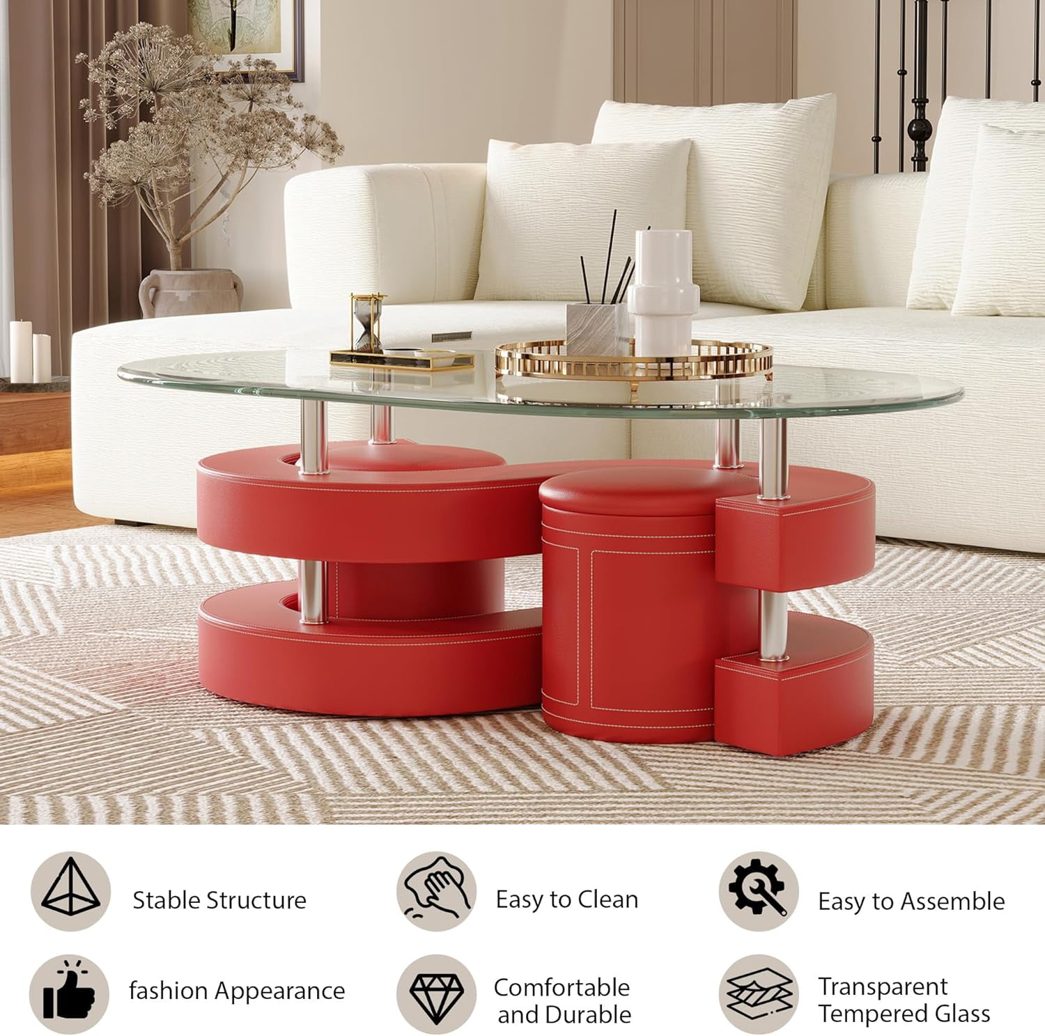 3 Pieces Coffee Table Set, 0.39" Tempered Glass Top and S Shape Base, Oval Modern Coffee Table with 2 Leather Stools, Accent Coffee Table for Living Room Bedroom