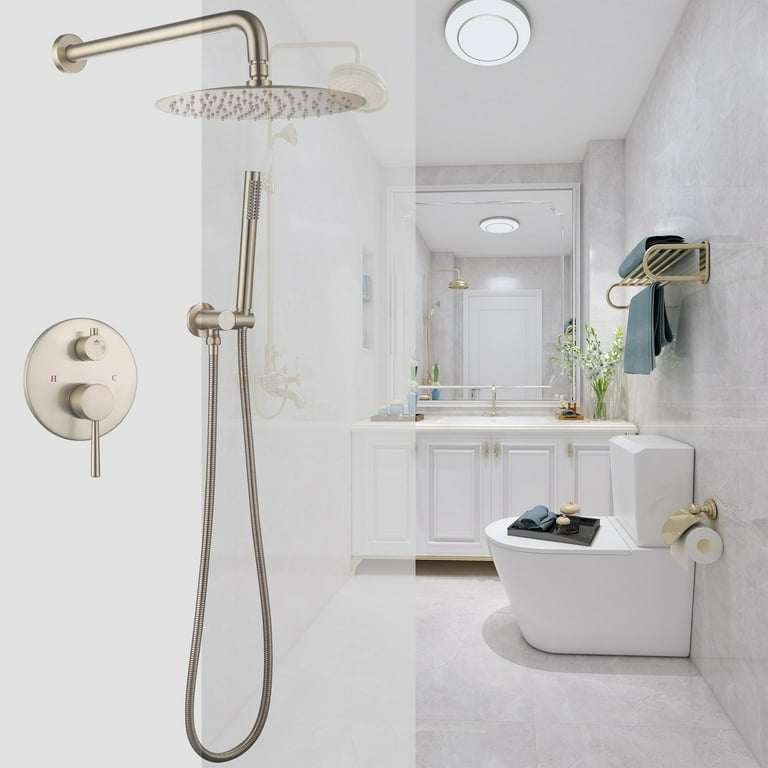 WINKEAR Rainfall Shower System With Handheld - Brushed Gold, Wall Mount, Rough-in Valve Included