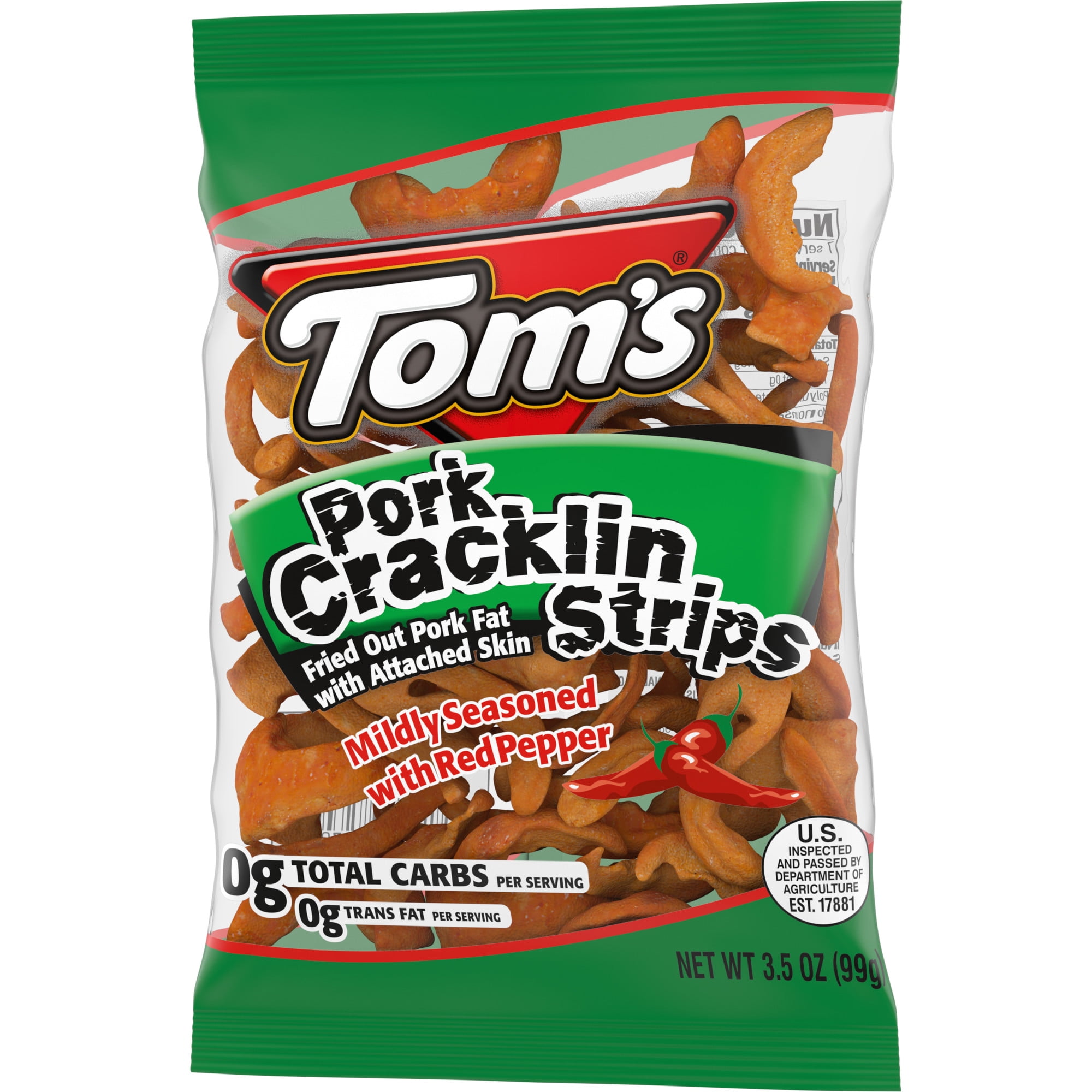 Tom's Cracklin Strips, Red Pepper, 3.5 oz Bag