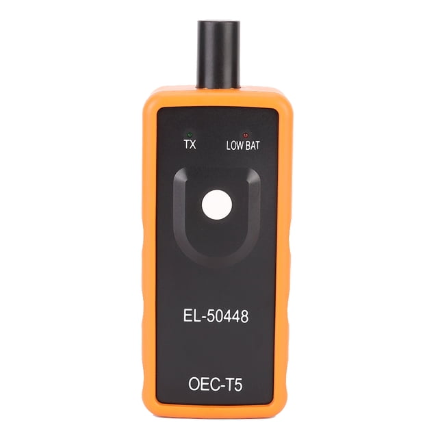 Outil de Réinitialisation de Capteur de Pneu Automobile, Appareil compact et portable au design orange et Noir, Présentant le Numéro de Modèle EL-50448 et la version Quincaillerie OEC-T5. l'Outil Comprend des Indicateurs pour le TX et l'État de la Batterie Faible, Conçu pour la Compatibilité Universelle avec les Voitures pour Réinitialiser et Réapprendre les Systèmes de Surveillance de la Pression des Pneus (TPMS).