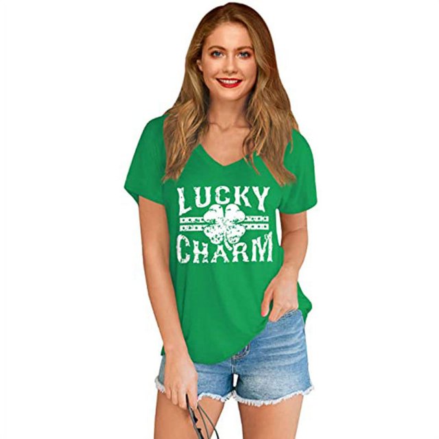 New Womens Four Leaf Clover Print Tops Short Sleeve V Neck Tee T Shirt Printed Side Split Tunic