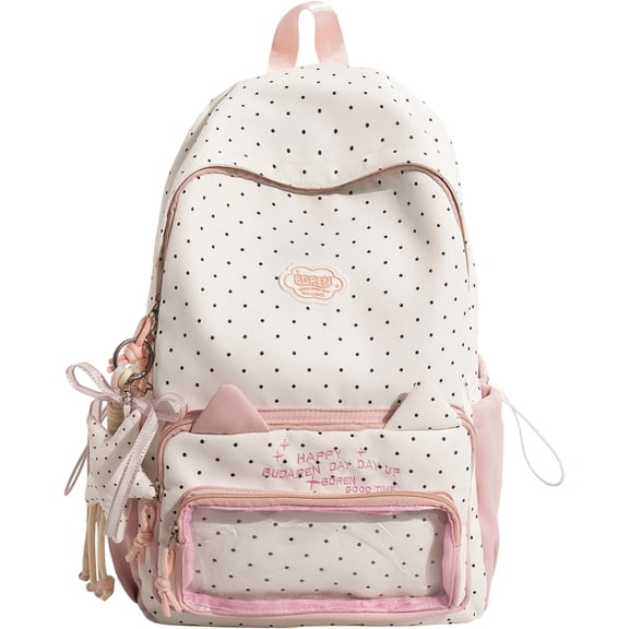 Kawaii Polka Dot Backpack with Star Pendant, 16.53X11.41X5.51 inch Cute Lightweight Laptop Bookbag With Ears Pendant, Waterproof Multi Pocket Casual Daypack for Travel and Daily Commute