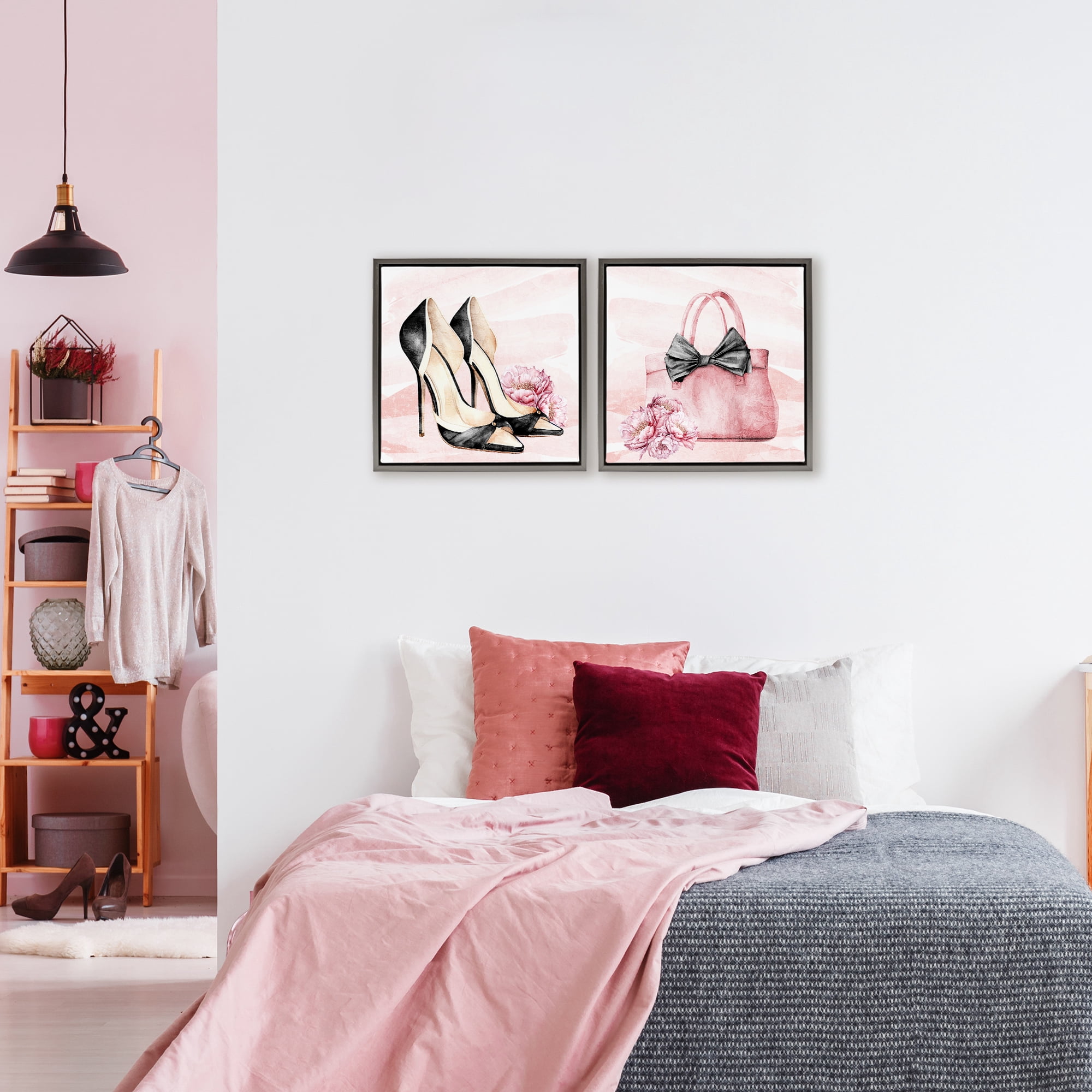 Stupell Industries Rosy Glam Time Shoes 2 Piece Gray Framed Floater Canvas Set, design by Kim Allen