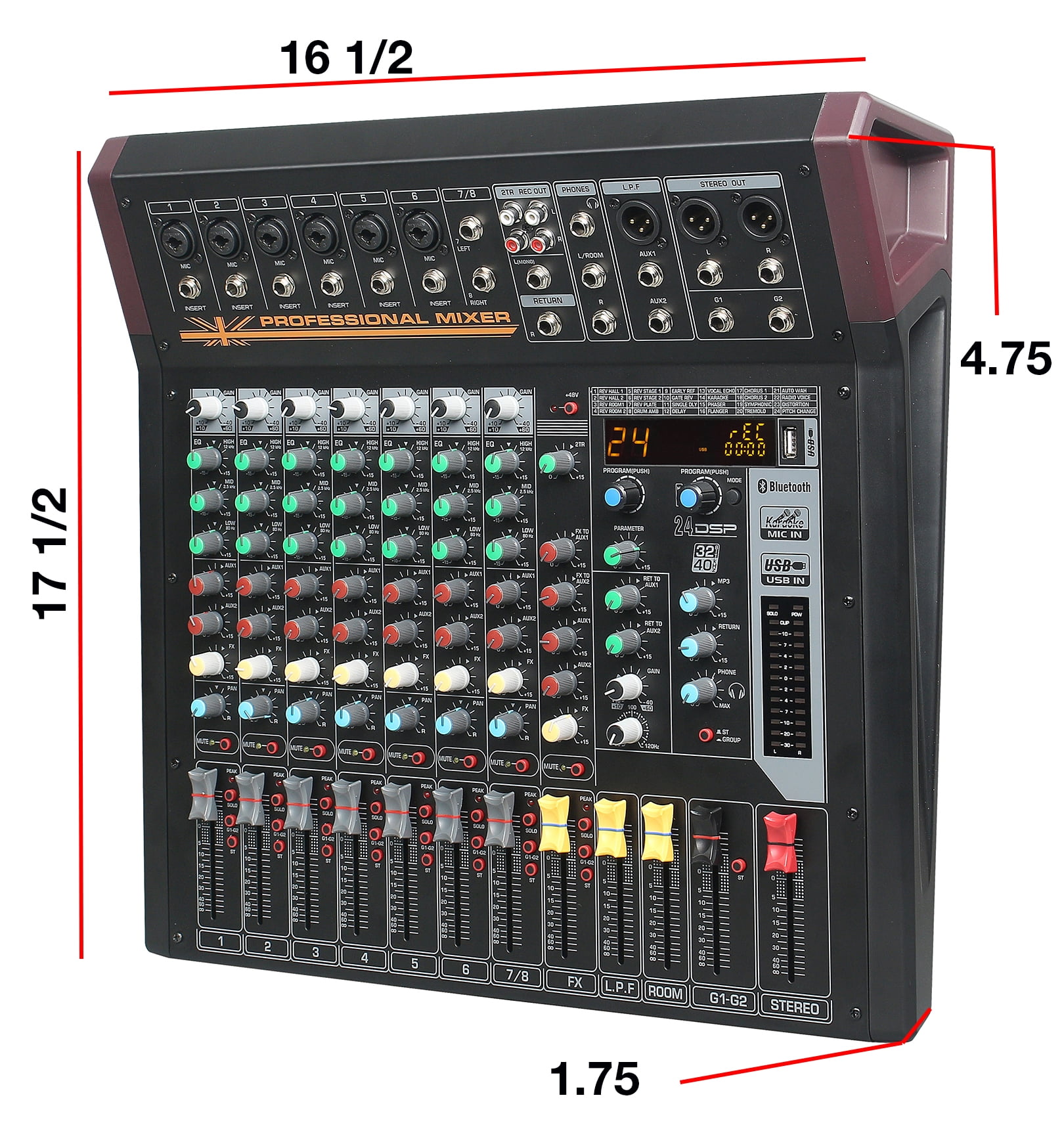Boytone 8-Channel Bluetooth Studio Audio Mixer - DJ Sound Controller Interface with USB Port, AUX Jack, 4 XLR Microphone Jack, 48V Power, 16 DSP Effect, Input/output for Professional user